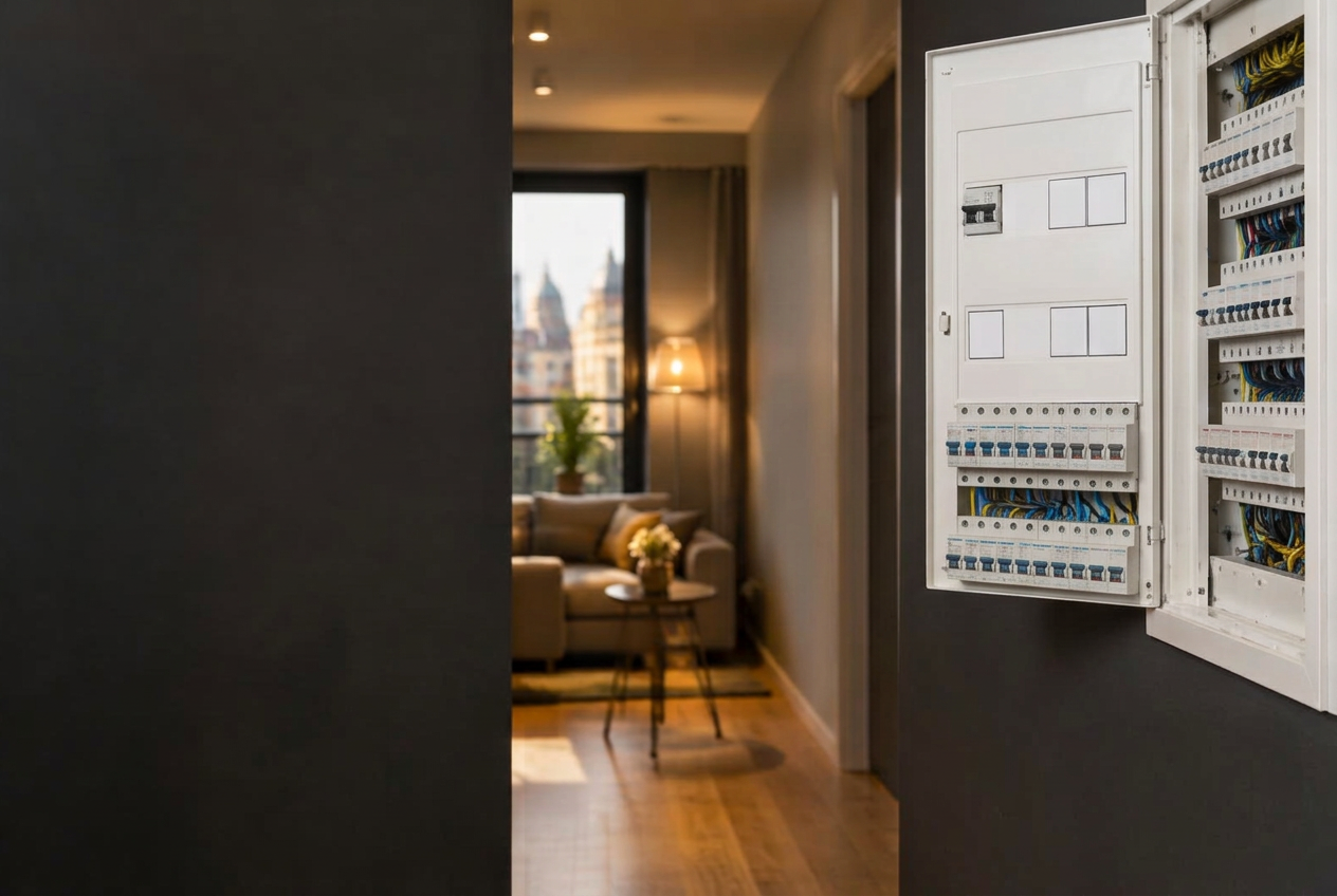 Electricista midiendo un cuadro eléctrico en una vivienda